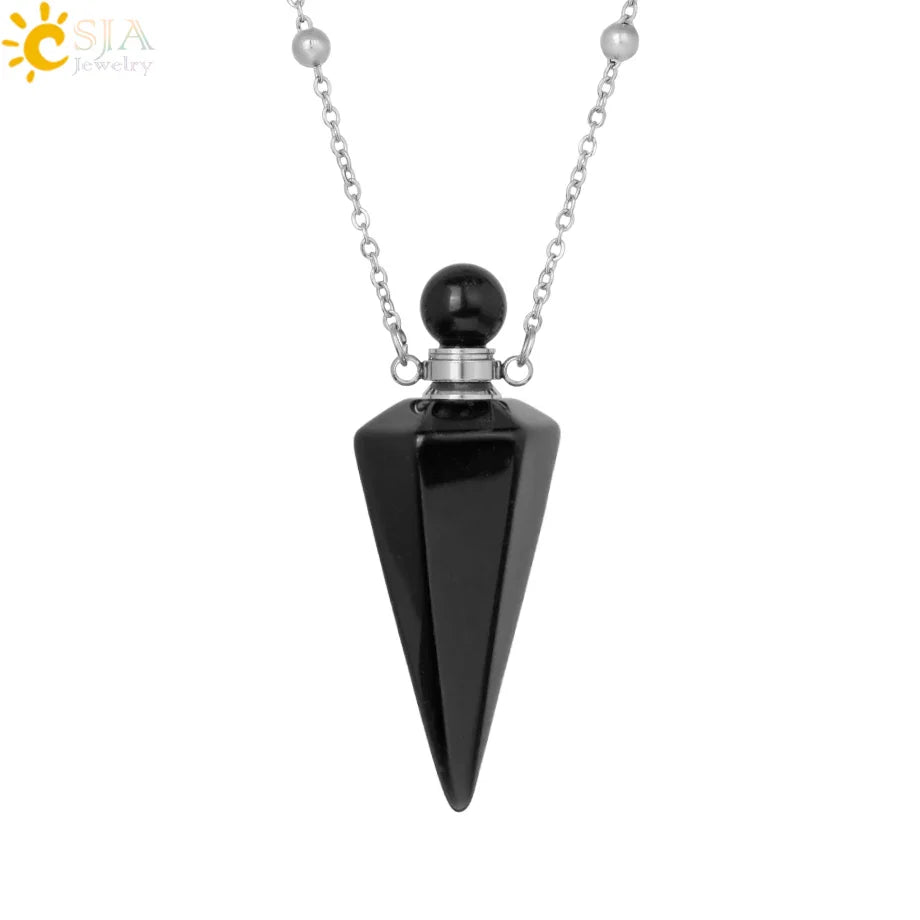 Natural Stone Cone Perfume Bottle necklace Healing Clear Quartz Crystal Pendant Reiki Essentials Oil Diffuser Vial Necklace H119