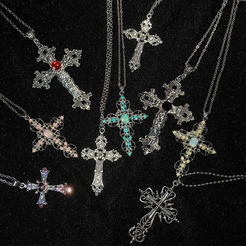Gothic Big Zircon Cross Necklace Unisex Y2K Irregular Goth Large Cross Pendant Necklaces  for Men Women Couple Necklace Jewelry