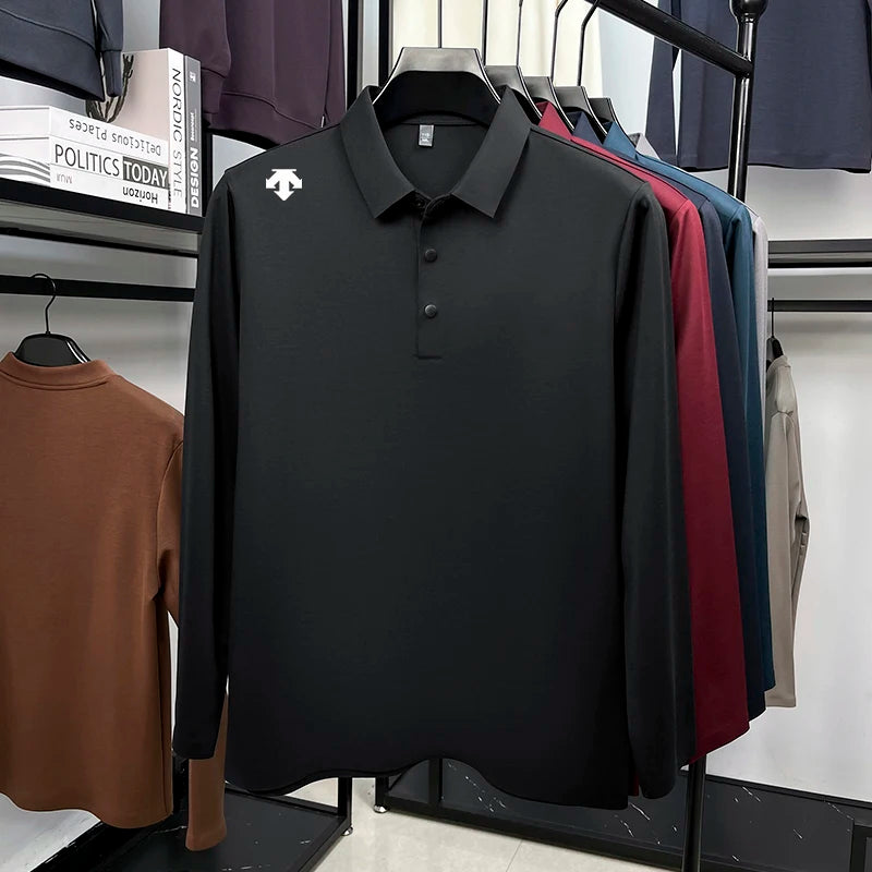 Luxury Quality Men's Polo Shirt No Trace Simple Solid Color Geometric Print Long Sleeve Autumn Lapel T-Shirt Business Menswear