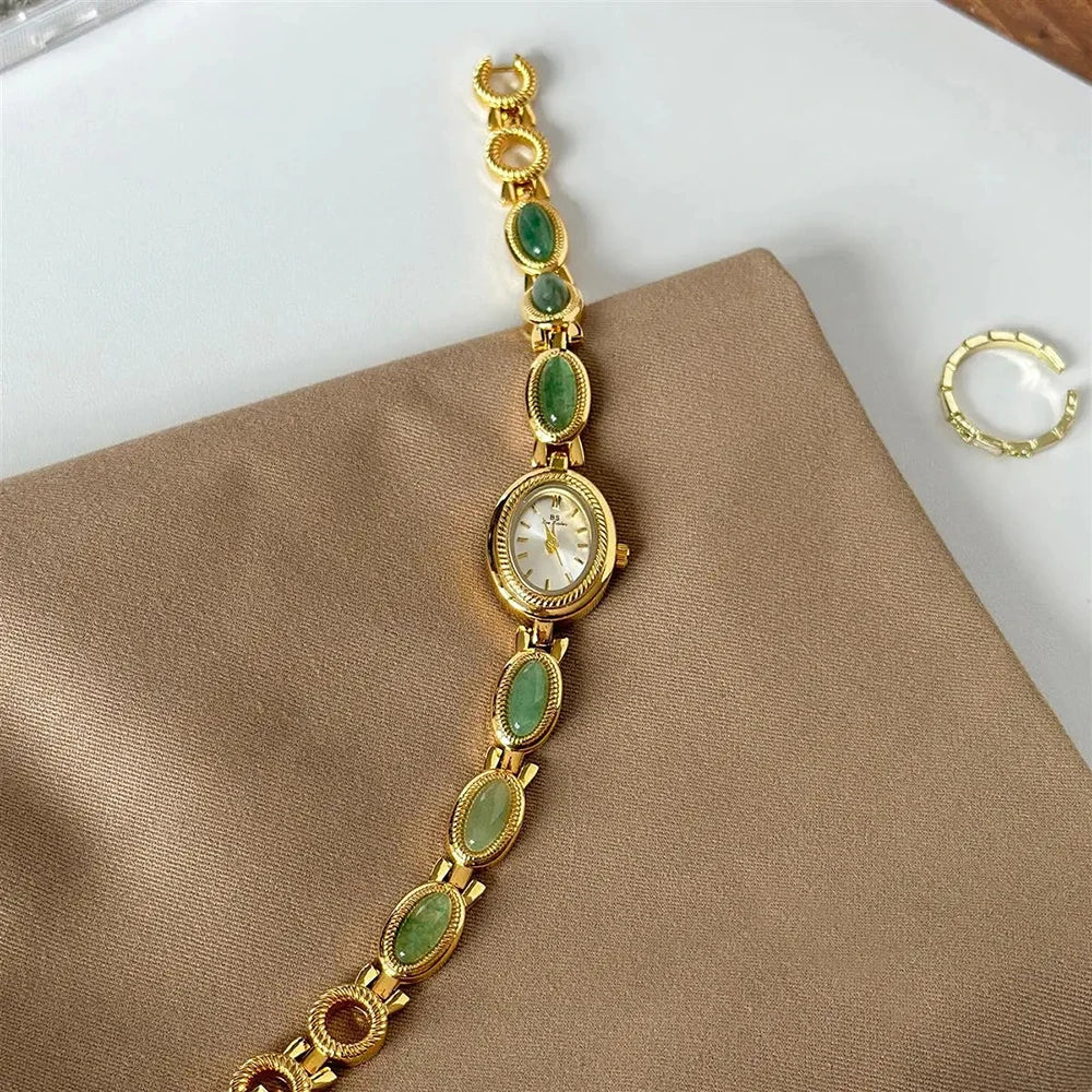 Women's Gold Watch Vintage Brown Jade Bracelet Small Dial Quartz Daily Wear Party Clock Luxury Waterproof Ladies Watches Gifts