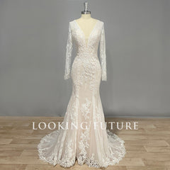 Mermaid Wedding Dress Long Sleeve V-Neck Illusion Back Bridal Gown