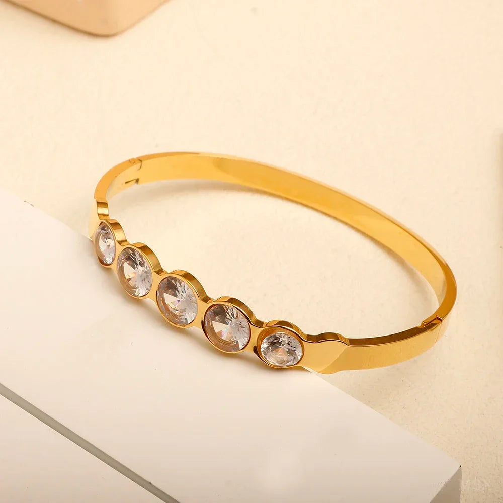 Stainless Steel Inlaid Zircon Bangle Round Bracelets