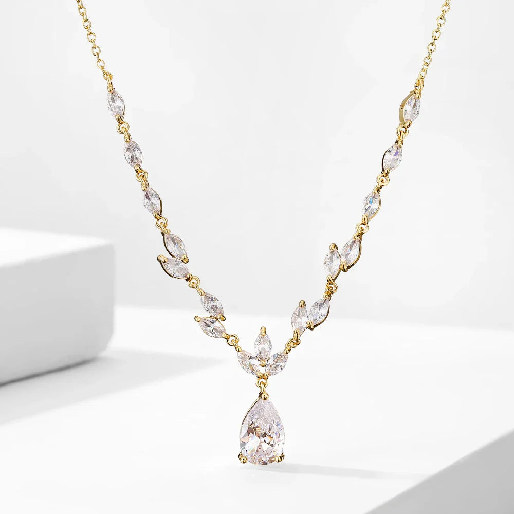 ZAKOL Elegant Necklace/Earring Jewelry Set for Women Gorgeous Pear Water Drop AAA Zircon Wedding Jewelry Gift