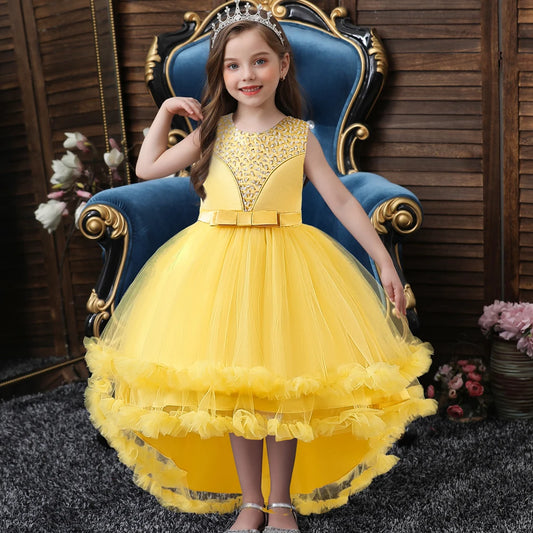 Yellow Sleeveless Children's Performance Dress Bow Tail Dress