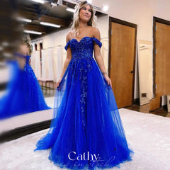 Blue Prom Dress Lace Embroid Evening Dress Side Split Party Dresses