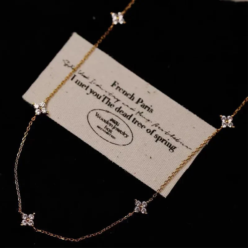 Dainty Lucky Leaf Necklace for Women 925 Sterling Silver Trendy 14K Gold Plating Cute White CZ Flowers Pendant Choker Necklaces