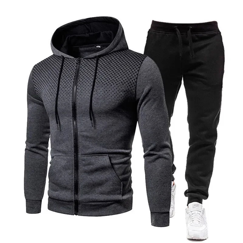 2025 New Men's Sports Set Spring and Autumn Outdoor Running Clothing Dot Print Zipper Hoodie Sports Pants Two Piece Set