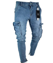 Men Jeans Pencil Pants Solid Denim Sheath Mid Waist Zipper Fly Pockets