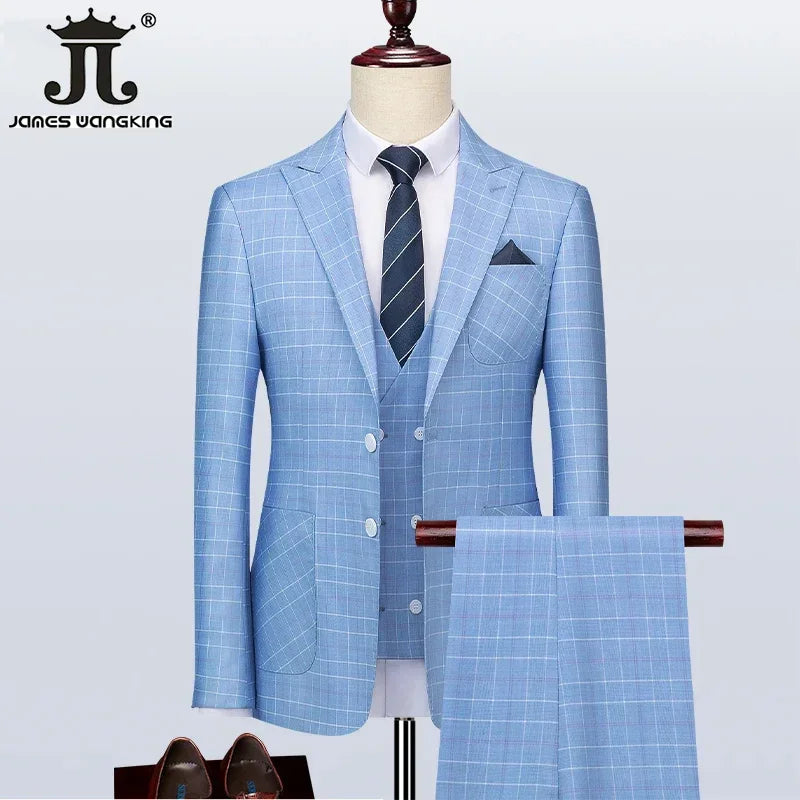 Tuxedo for Mens: Elegant Blue Plaid Men's Three-Piece Suit for Weddings and Formal