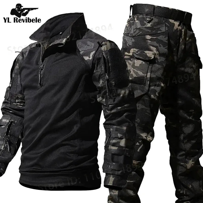Autumn Tactical Sets Men Outdoor Breathable Short Sleeve Tshirt+Waterproof Straight Pant 2 Pcs Suits Camo Multi-pocket Cargo Set