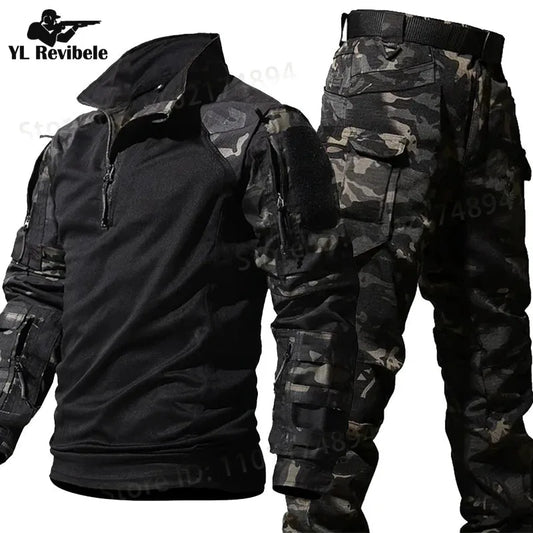 Autumn Tactical Sets Men Outdoor Breathable Short Sleeve Tshirt+Waterproof Straight Pant 2 Pcs Suits Camo Multi-pocket Cargo Set