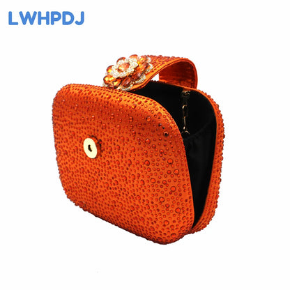 2024 High Quality Peep Toe Slingback Decorated with Flower Design Shoes Matching Bag Set in Orange Color For Ladies Party