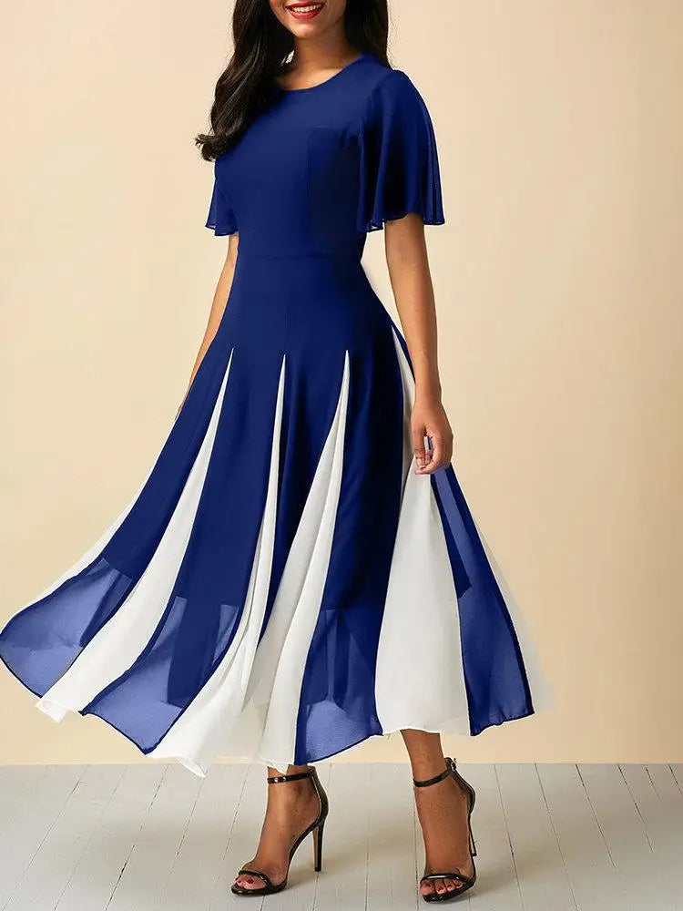 Women's Plus Size Dress Chiffon Patchwork Short Sleeve Casual Tunic Midi Dress Elegant A-Line Pleated Casual Party Summer Dress