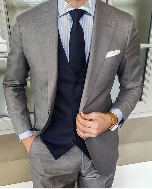 Grey Men's 3 Pieces Wedding Suits Notch Lapel Two Buttons Blazer Groom Tuxedo