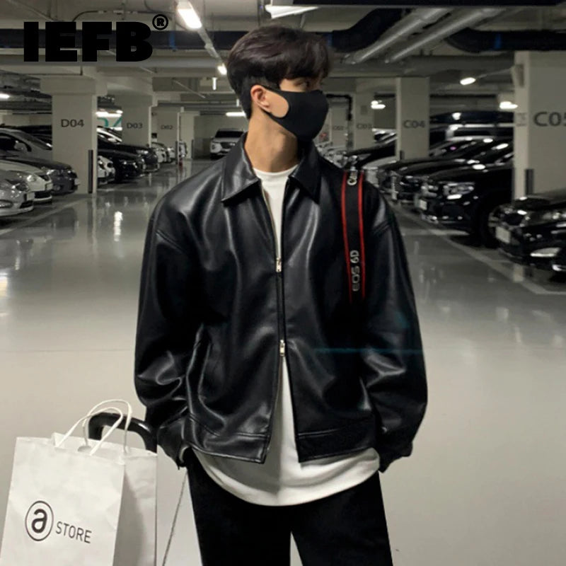 Korean Chic Double Zipper Men's PU Leather Jacket Black Simple