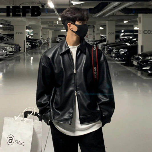 Korean Chic Double Zipper Men's PU Leather Jacket Black Simple