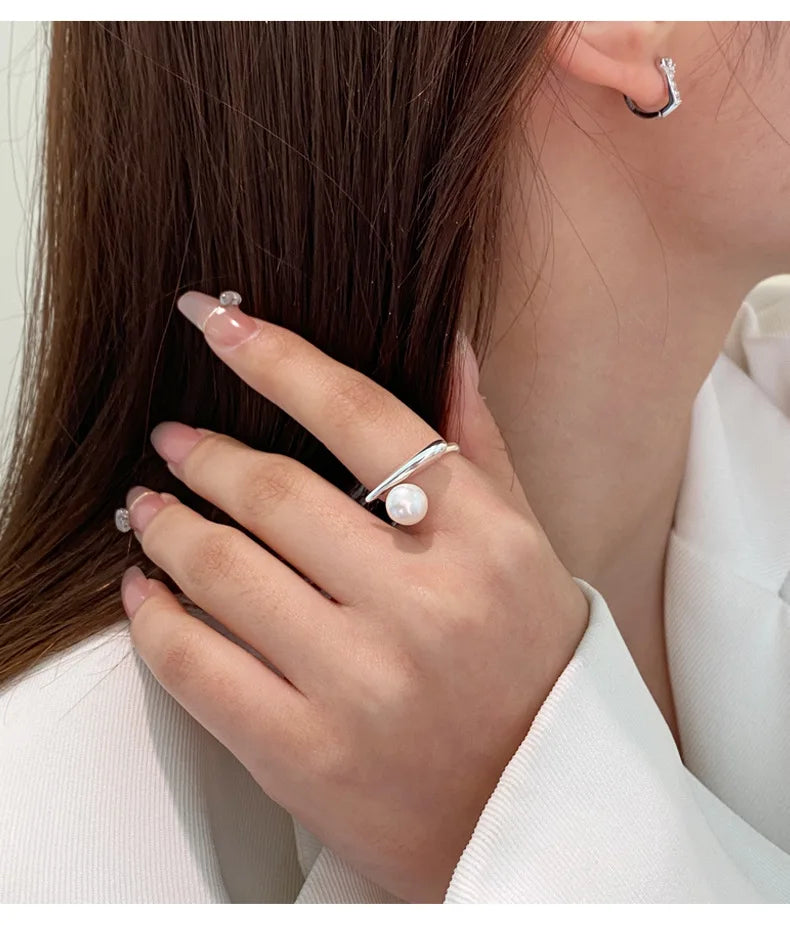 925 Sterling Silver Round Pearl Ring Wedding Adjustable Rings For Women Jewelry