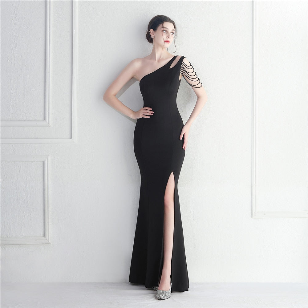 Evening wear Dresses: One Shoulder Slash Neck Beading Evening Party Maxi Dress