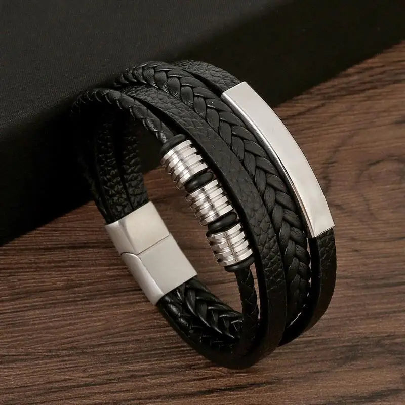 Punk Men Leather Bracelet with Stainless Steel Magnetic Clasp Braided Mutilayer Leather Wrapping Bangles Man Jewelry Gift