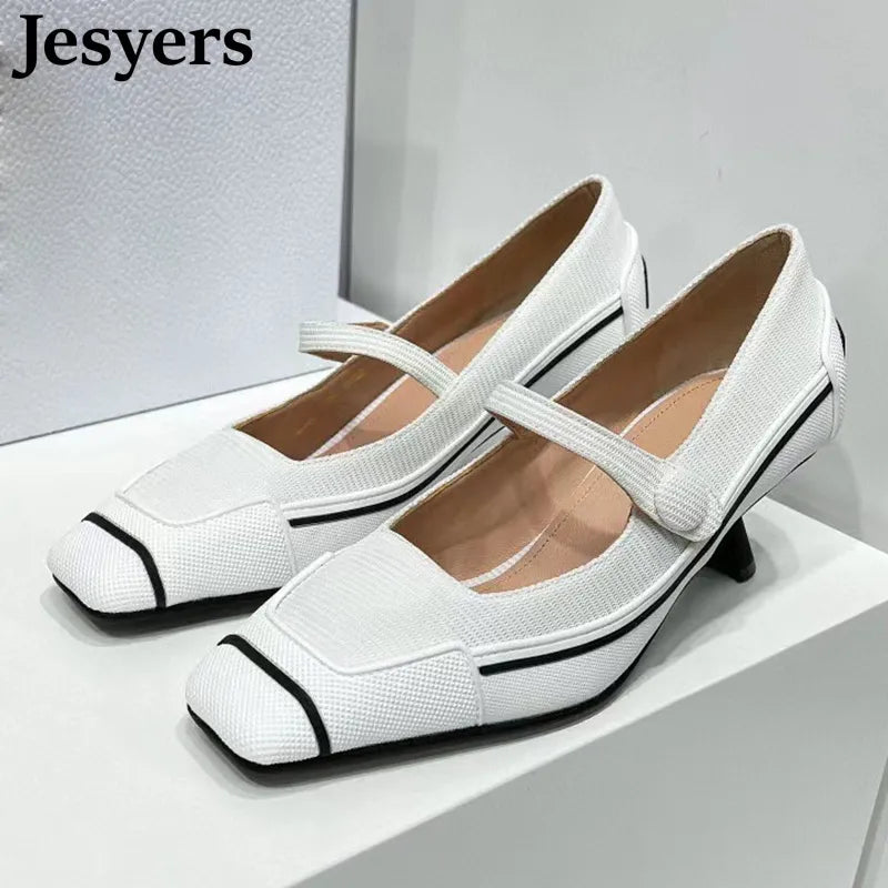 2023 Women Spring Summer Canvas Square Toe Sandals Patchwork Decor Thin High Heels Pumps Office Ladies Buckle Strap Single Shoes
