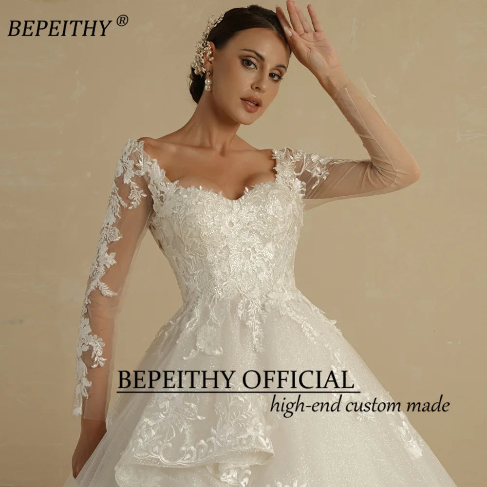 White Bridesmaid Dresses: Glitter Ivory Ball Gown Wedding Dresses Full Sleeves
