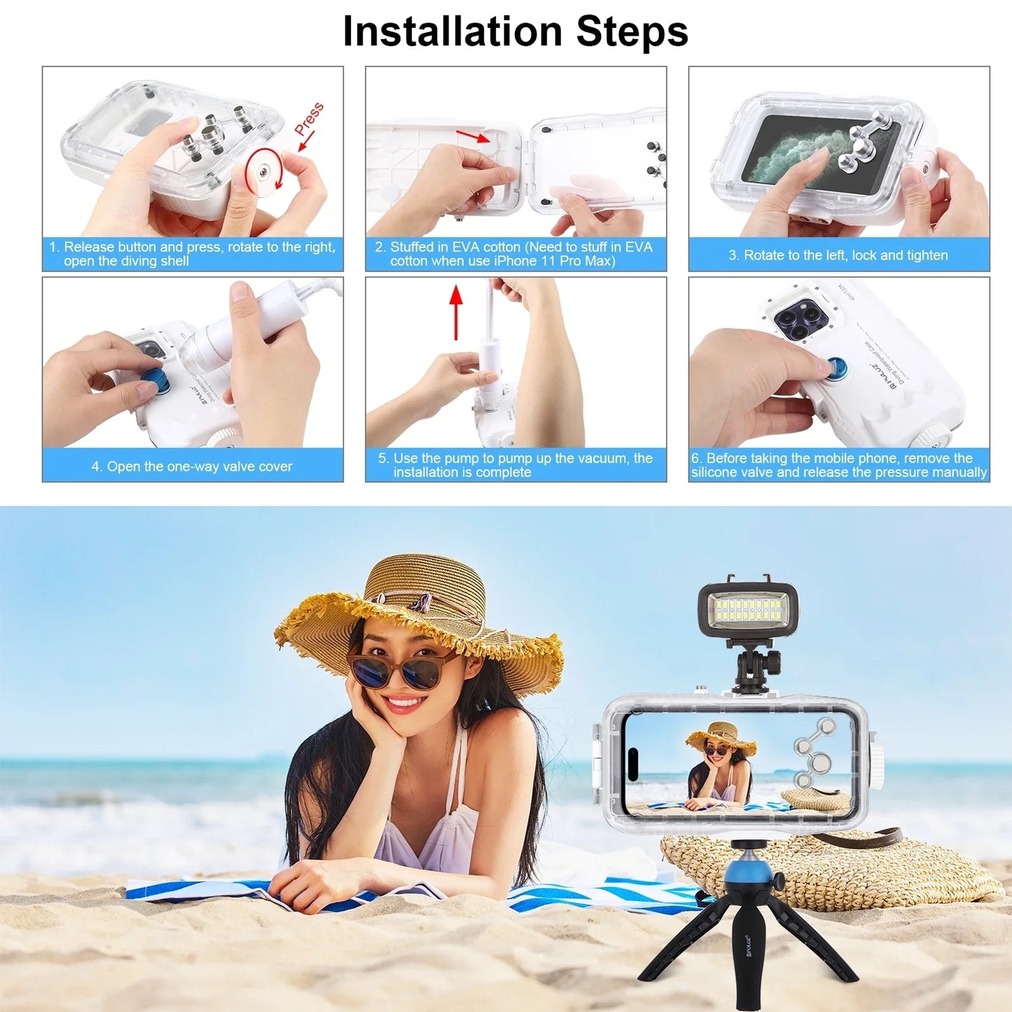 PULUZ 40m/130ft Waterproof Diving Case for iPhone 16 15 14 13 12 11 Pro Max Plus Photo Video Taking Underwater Housing Cover