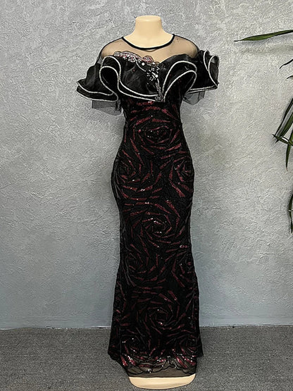 Elegant Long Evening Dresses 2024 Wedding Party Luxury Mermaid Gown South Africa Ladies Outfits Ruffle Sleeve Sequin Dress