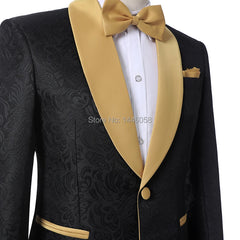 Black Jacquard Men Suits for Wedding Business Casual Suit Groom Tuxedos Shawl Lapel 2Pcs Slim Fit Costume Homme (Blazer+Pants)