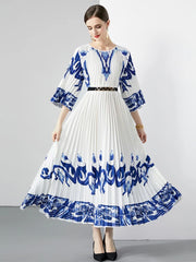 Pleated Long Dress Women O-Neck Lace-up Belt Print Loose Large Size Vintage Party