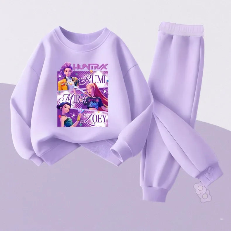 K-POPcartoon Printed Spring Autumn Girls O Neck Hoodies Sets Children Sweatshirt Sweatpant 2pcs Suit Kids Casual Pullover Set