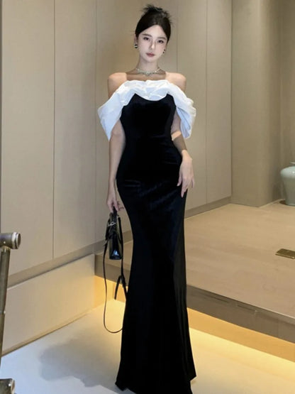 Women Sexy Off Shoulder Party Dress 2023 New Slim Waist French Patchwork Elegant Lady Maxi Fashion Solid A-line Vestidos Mujers