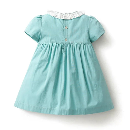 Baby Girls Hand Made Embroidery Dress Children Short Sleeve Frock Ruffle Collar