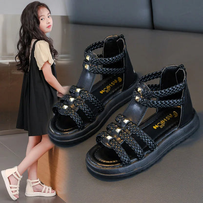 Kids Summer Sandals for Girls 2023 New Versatile Korean Style PU Soft Non-slip Flat Casual Weave Gladiator Sandals Princess Soft