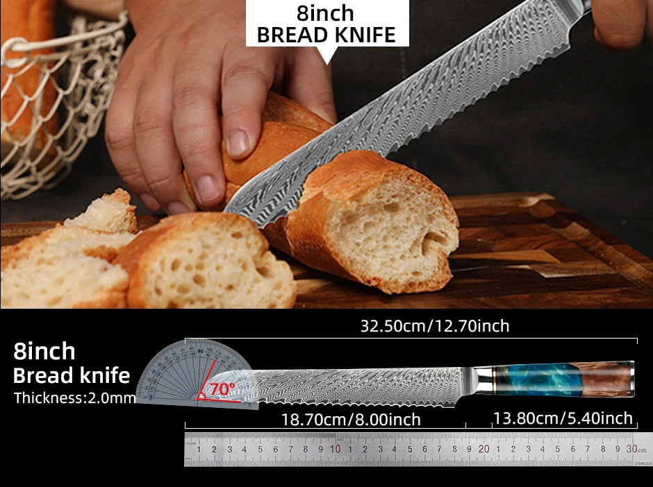 Kitchen Knives-Set Damascus Steel VG10 Chef Knife Cleaver Paring Bread Knife Blue