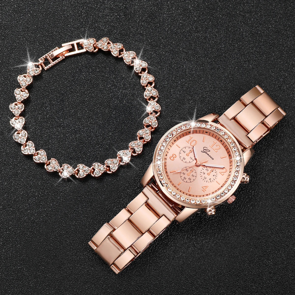 2PCS Women's Watch Fashion Rhinestone Ladies Analog Quartz Watches Bracelet Set Reloj Mujer Girls Clock Gift
