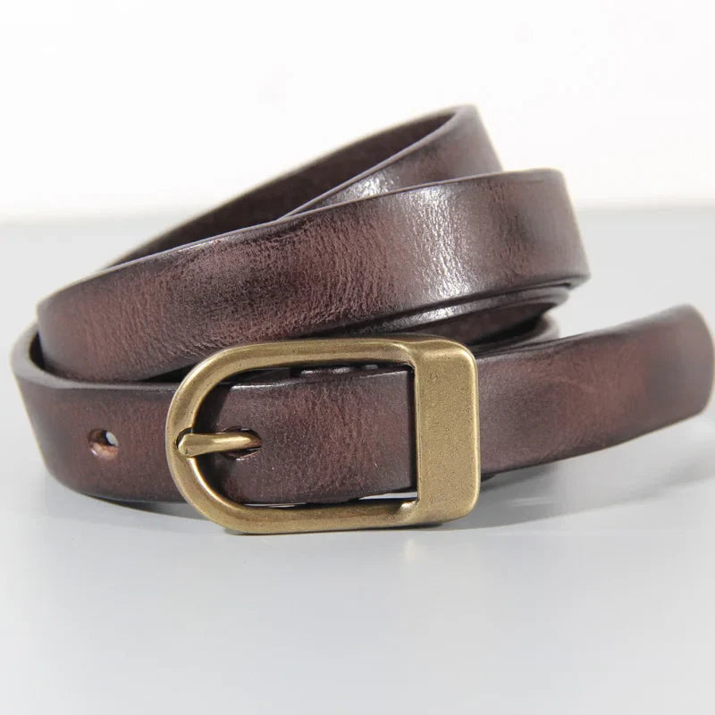Retro Narrow Cowhide Women's Belt Pure Copper Button Top Cowhide All-match Casual Jeans Belt High Quality Luxury Women Belt
