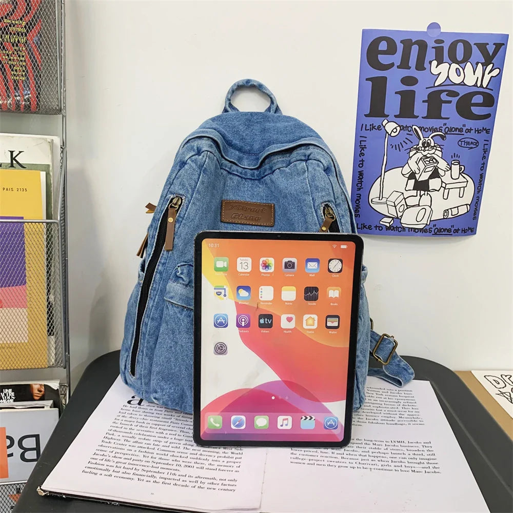 Denim Fashion Backpacks for School Trend Student Jeans Bag Multi Pockets Large Capacity Rucksack Mochila De Escola Feminina 2023
