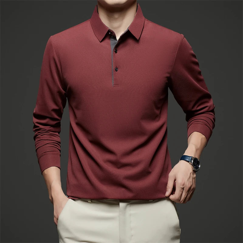New Men's Business Casual  Long Sleeve Solid Color Polo Shirt Fashionable Warm Comfortable Four Seasons Versatile Top
