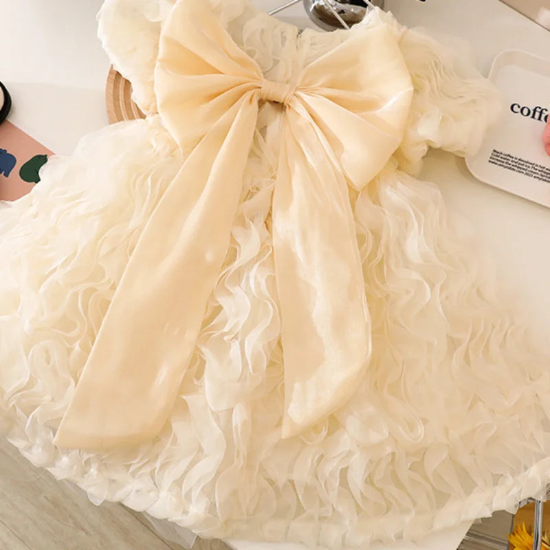 Summer Princess Dress for Girls with Short Sleeves Solid Color and Back Bowknot for Party Wedding Children Clothing E31117