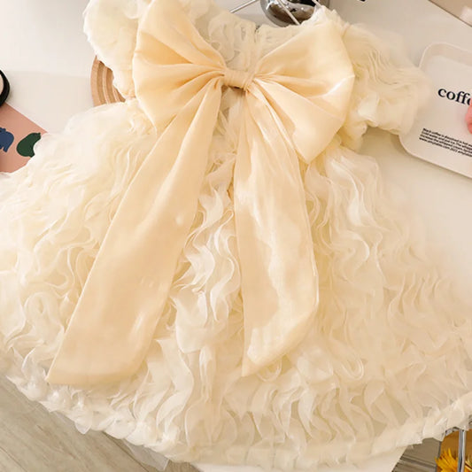 Summer Princess Dress for Girls with Short Sleeves Solid Color and Back Bowknot for Party Wedding Children Clothing E31117