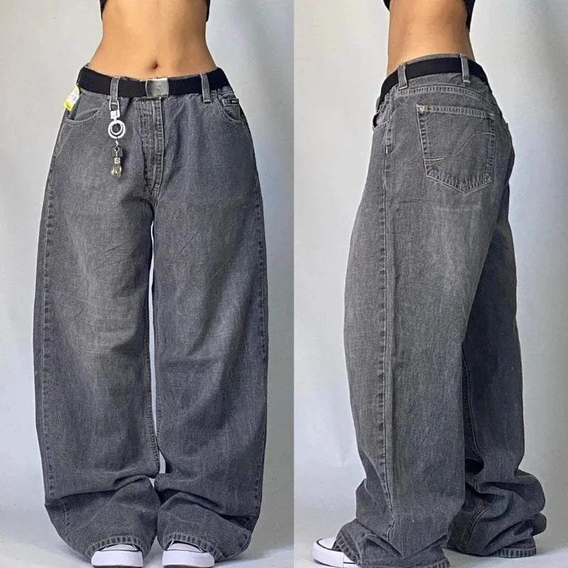 Y2K Jeans Women Washed Gray Straight Pants Street Gothic Loose