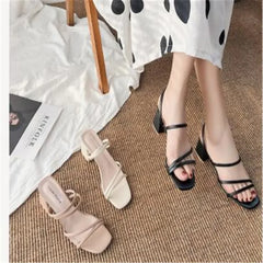 Women Sandals Ladies Square Heels Elegant Summer Slippers Outside Cross Tied