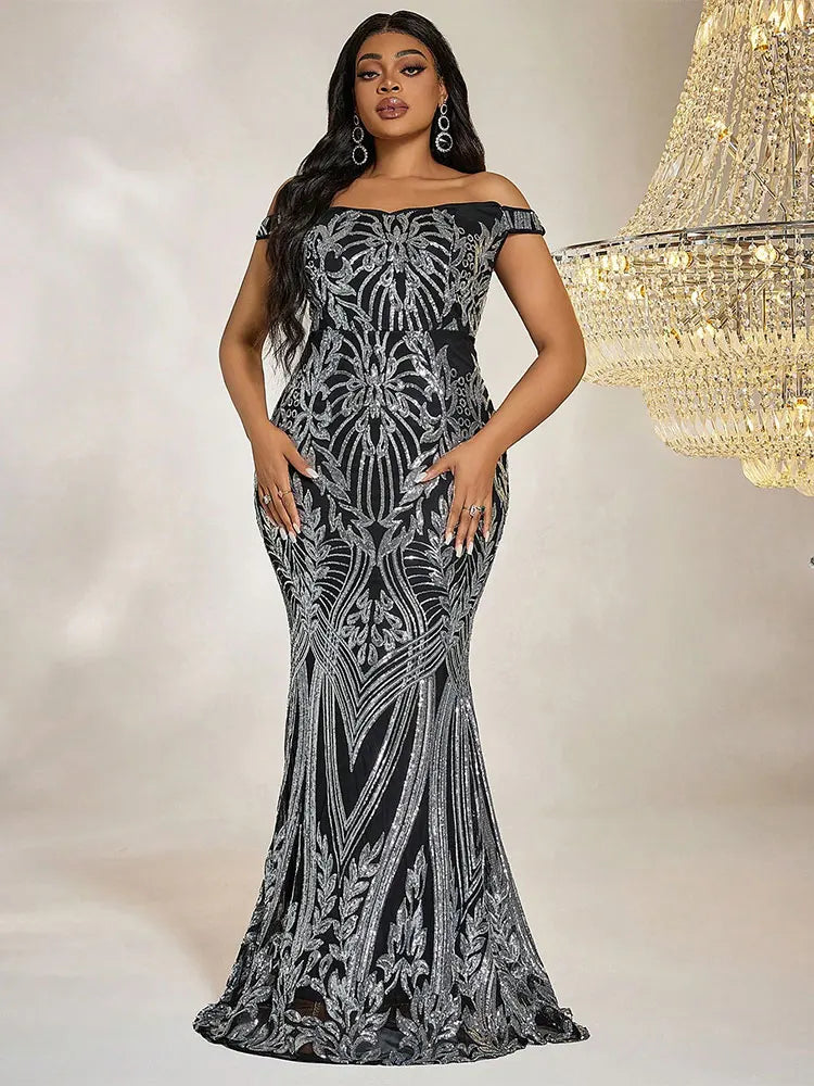 Evening wear Dresses: Plus Size Maxi Dresses High-End Sequin Line-Neck