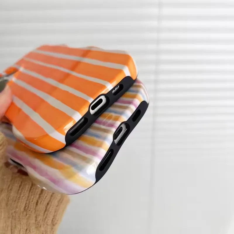 Fashion 2 in 1 Glossy Stripes Phone Case For IPhone 16 15 14 13 Pro Max Comfortable Touch Wave Edges Hard Slim Back Cover Shell