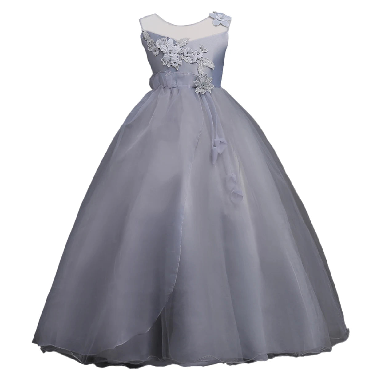 Girls Sleeveless Crew Neck Long Dress Flower Mesh Princess Skirt Piano Performance Dress For girls aged 4-14