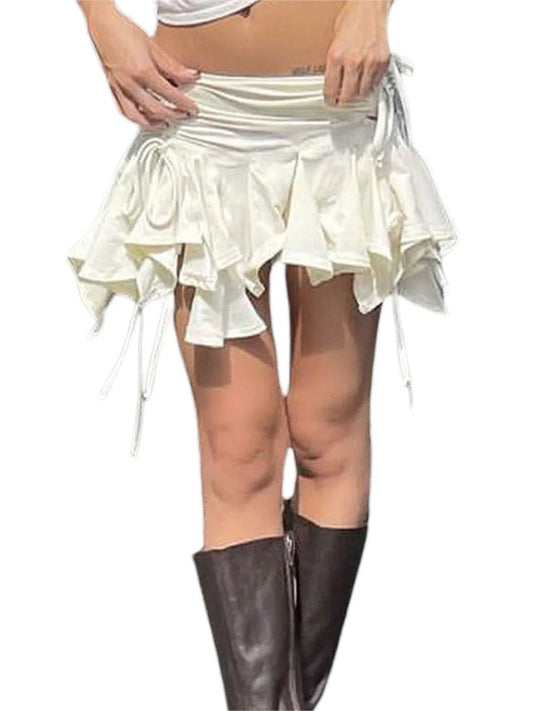 Gothic Punk Irregular Mini Skirt, Drawstring Tie-Up Ruched Ruffles, Summer Fashion in Solid Black/White