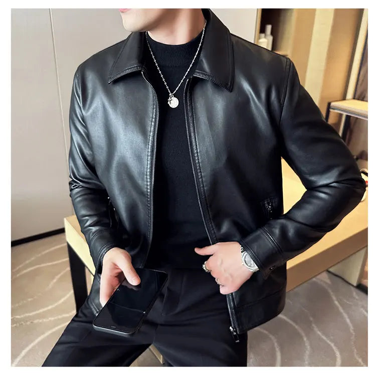 Men Bomber Leather Jacket Anti-wind Lapel Solid Casual Slim Fit Jacket