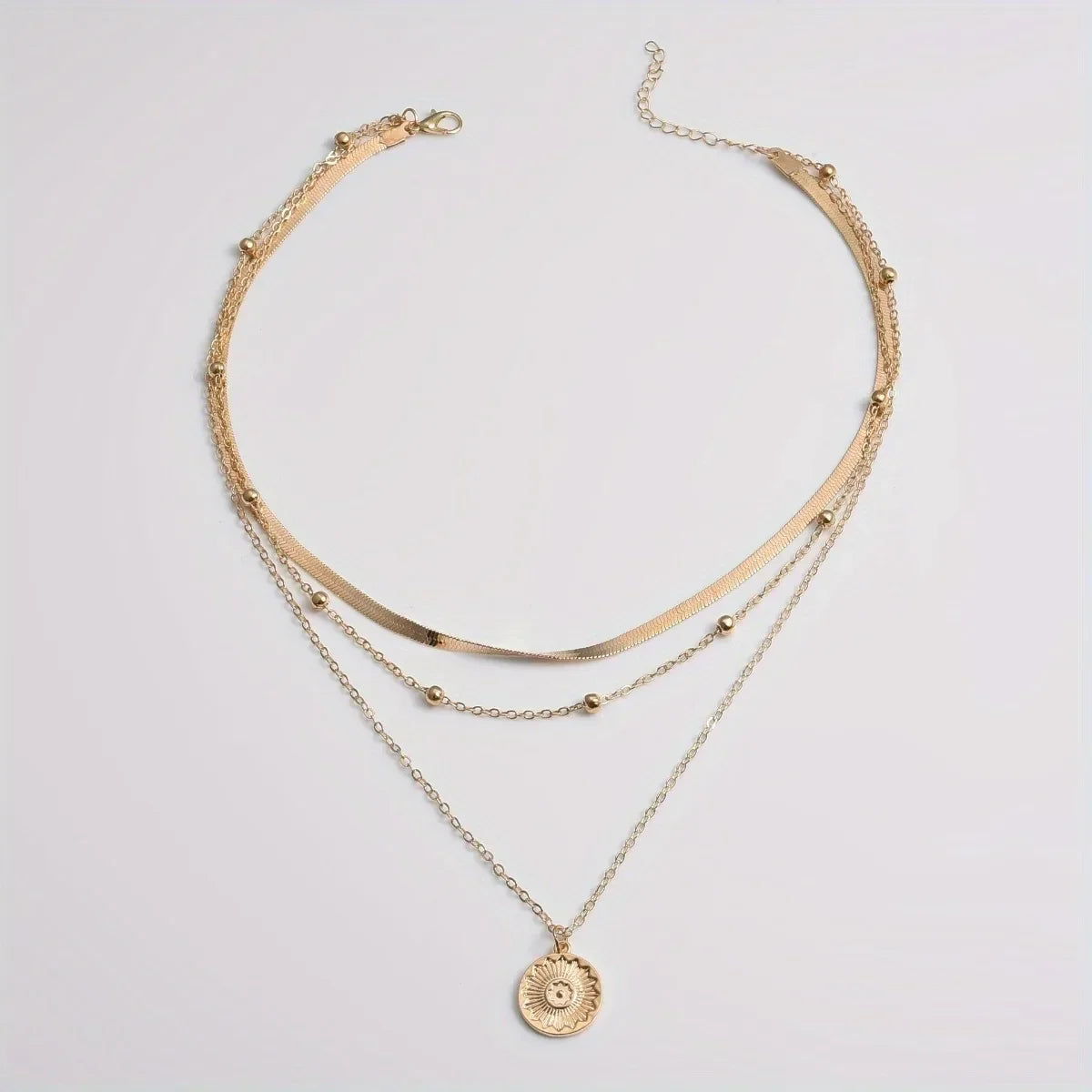 Multi-layer Chain Necklace Alloy Material Silvery Three-layer All-match Design Women's Snake Bone Chain with Round Bead Chain