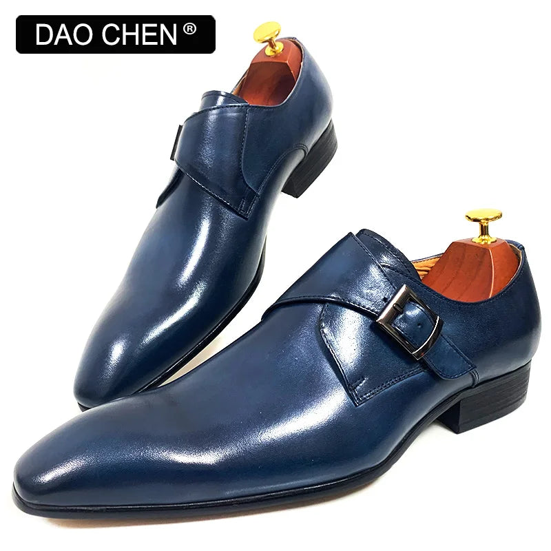 DAOCHEN MEN'S GENUINE LEATHER SHOES BLUE BLACK BUCKLE STRAP LOAFERS SLIP ON FORMAL WEDDING OFFICE casual dress shoes man