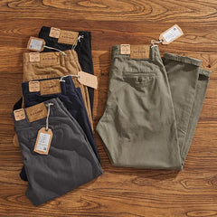 May Khaki American retro simple cargo pants men's heavy chino casual pants